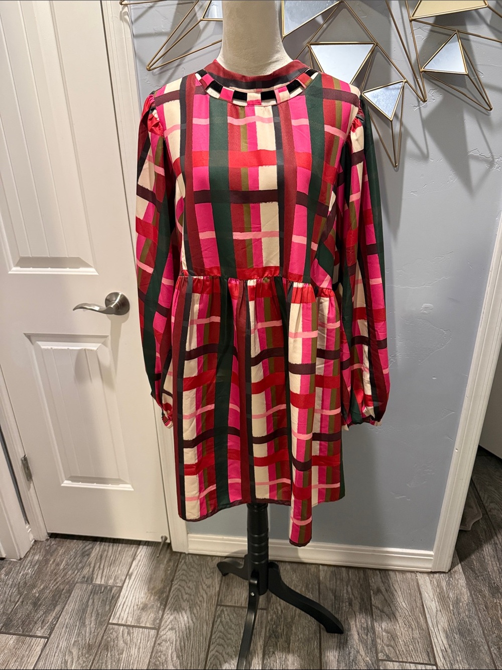 crosby. Plaid Long-Sleeve Dress in Pink, Red, Cream, and Green